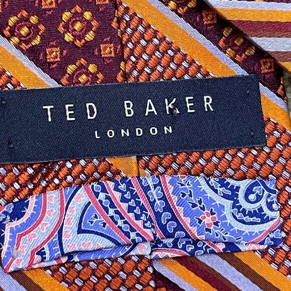 Ted Baker Designer Necktie 100% Silk Burgundy‎ Orange Blue Mixed Pattern 3.5" - Picture 4 of 5